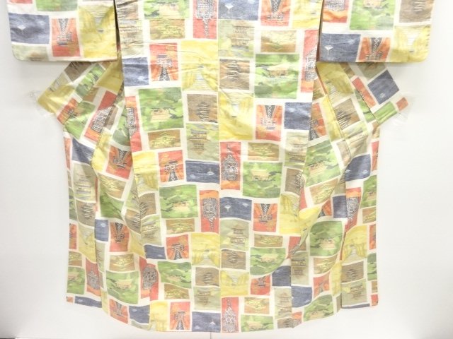  アンティーク　枡に寺院模様織出し手織り紬着物